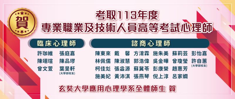 玄奘大學113年度專業職業及技術人員高等考試心理師榜單